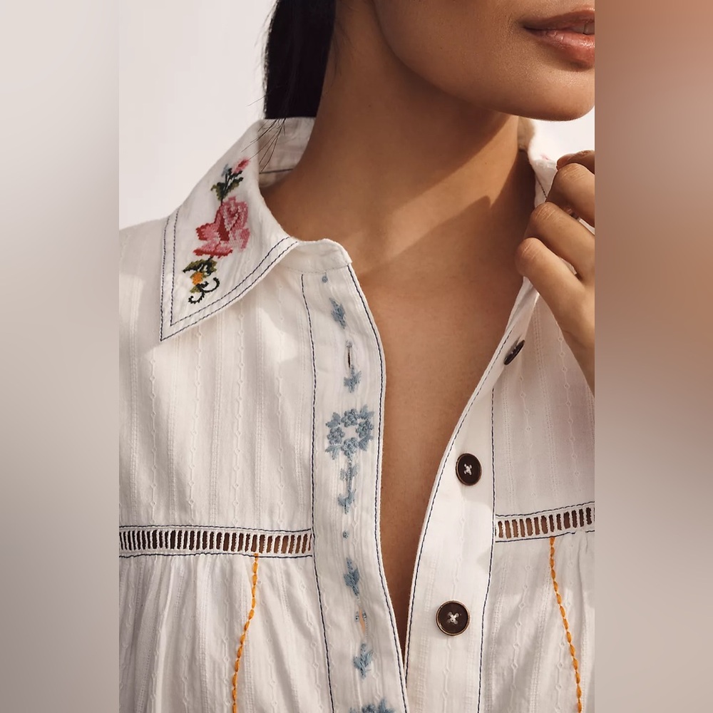 NWT XL - Anthropologie 100% Cotton Embroidered Swing Shirt Dress - Picture 5 of 16